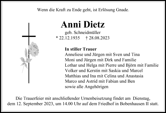 Traueranzeige von Anni Dietz von Giessener Allgemeine, Alsfelder Allgemeine