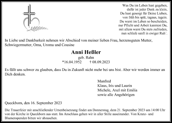 Traueranzeige von Anni Heßler von Giessener Allgemeine, Alsfelder Allgemeine, Giessener Anzeiger