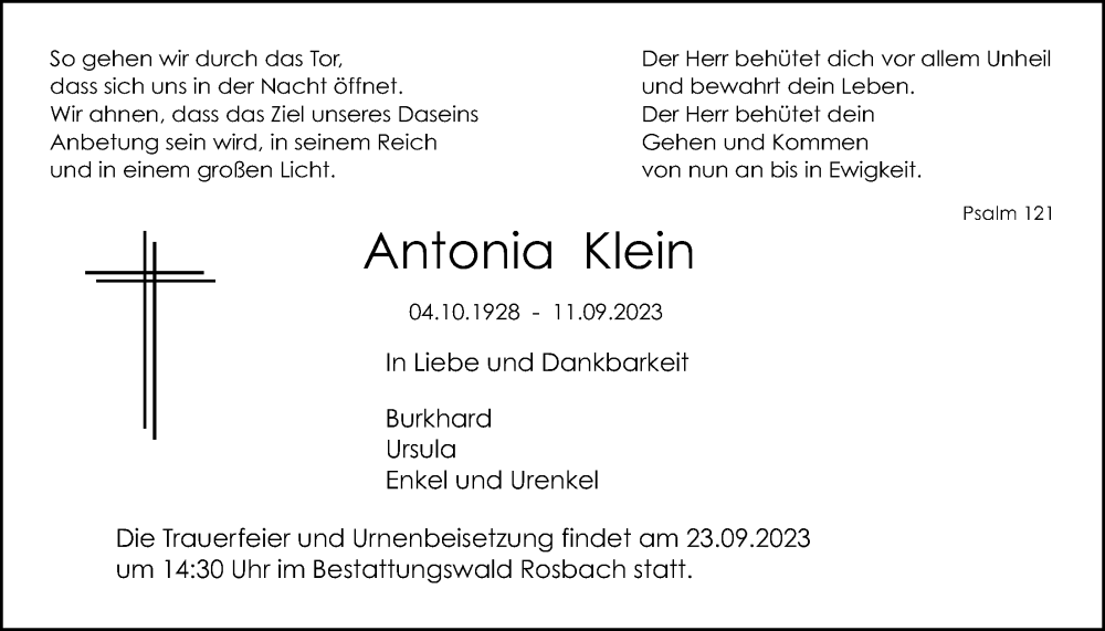  Traueranzeige für Antonia Klein vom 16.09.2023 aus Wetterauer Zeitung