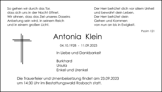 Traueranzeige von Antonia Klein von Wetterauer Zeitung