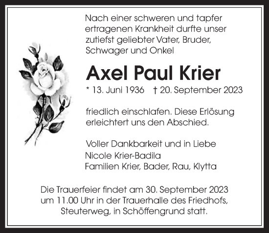 Traueranzeige von Axel Paul Krier von Giessener Allgemeine, Alsfelder Allgemeine