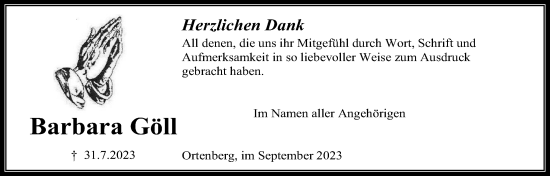Traueranzeige von Barbara Göll von Kreis-Anzeiger
