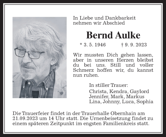 Traueranzeige von Bernd Aulke von Usinger Anzeiger