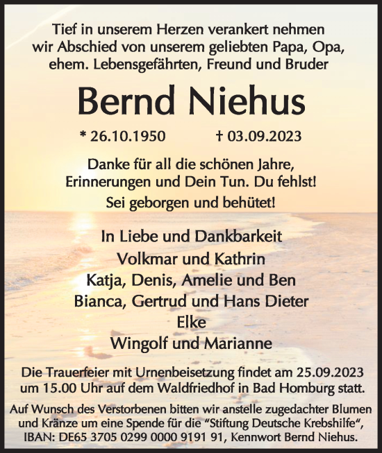 Traueranzeige von Bernd Niehus von Wetterauer Zeitung