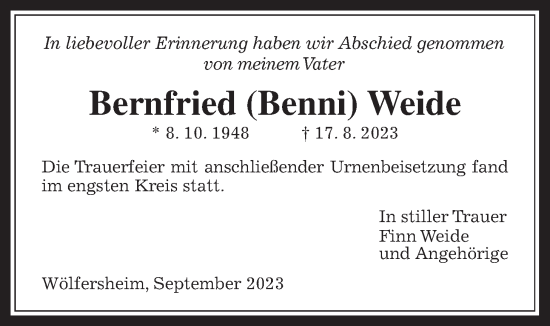 Traueranzeige von Bernfried Weide von Wetterauer Zeitung
