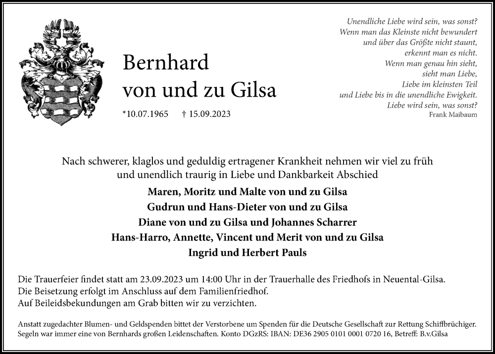  Traueranzeige für Bernhard von und zu Gilsa vom 20.09.2023 aus Wetterauer Zeitung