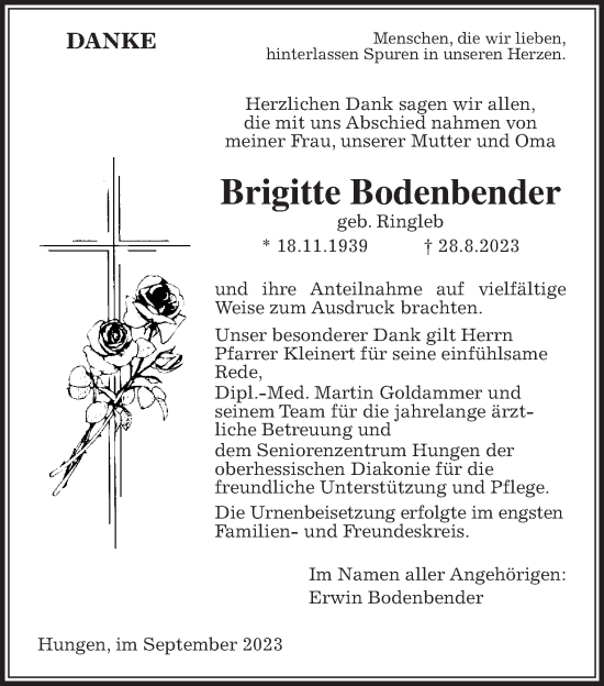 Traueranzeige von Brigitte Bodenbender von Giessener Allgemeine, Alsfelder Allgemeine