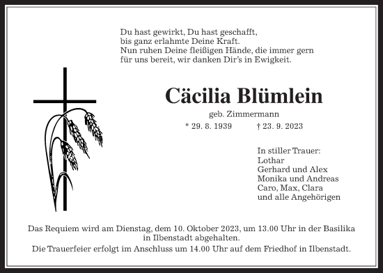 Traueranzeige von Cäcilia Blümlein von Wetterauer Zeitung