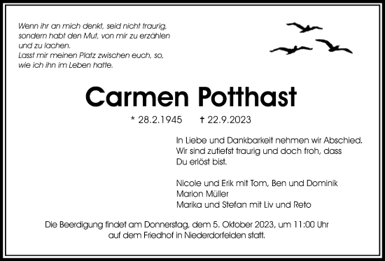 Traueranzeige von Carmen Potthast von Bad Vilbel/Karben