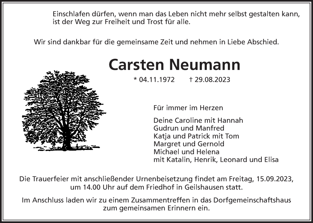  Traueranzeige für Carsten Neumann vom 09.09.2023 aus Giessener Anzeiger, Giessener Allgemeine, Alsfelder Allgemeine