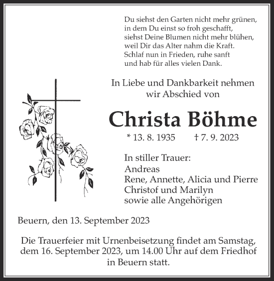 Traueranzeige von Christa Böhme von Giessener Allgemeine, Alsfelder Allgemeine