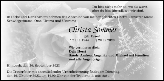 Traueranzeige von Christa Sommer von Kreis-Anzeiger