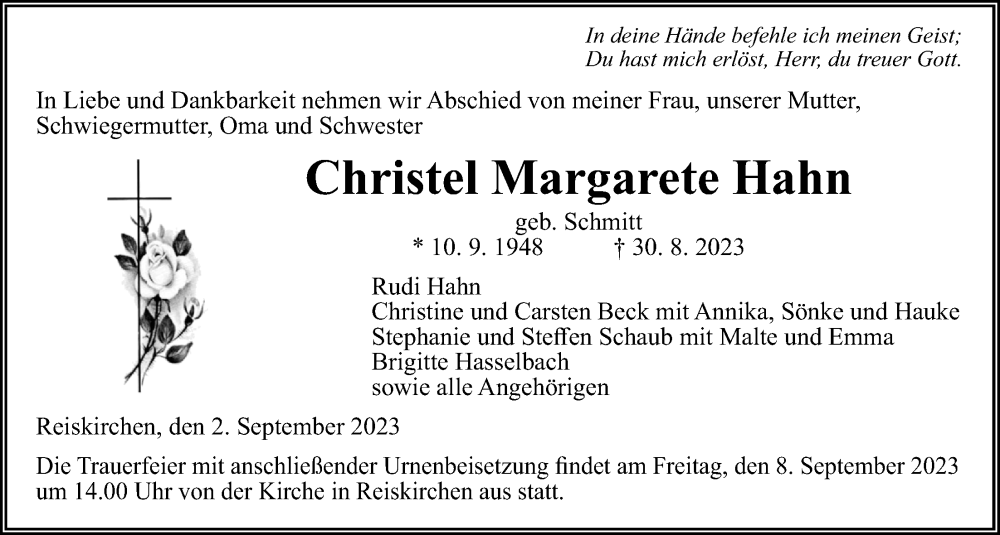  Traueranzeige für Christel Margarete Hahn vom 02.09.2023 aus Giessener Allgemeine, Alsfelder Allgemeine