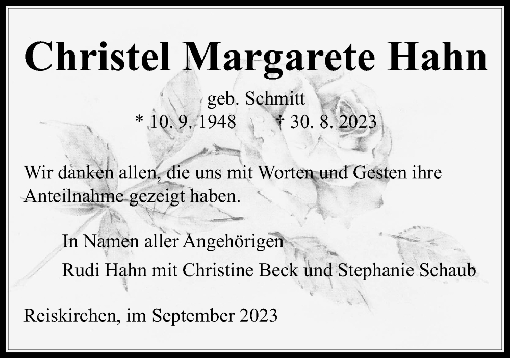  Traueranzeige für Christel Margarete Hahn vom 16.09.2023 aus Giessener Allgemeine, Alsfelder Allgemeine