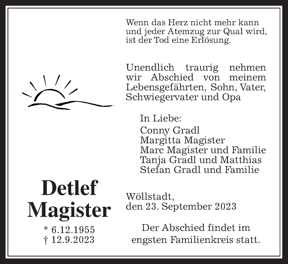  Traueranzeige für Detlef Magister vom 23.09.2023 aus Wetterauer Zeitung