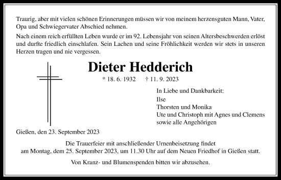 Traueranzeige von Dieter Hedderich von Giessener Allgemeine, Alsfelder Allgemeine