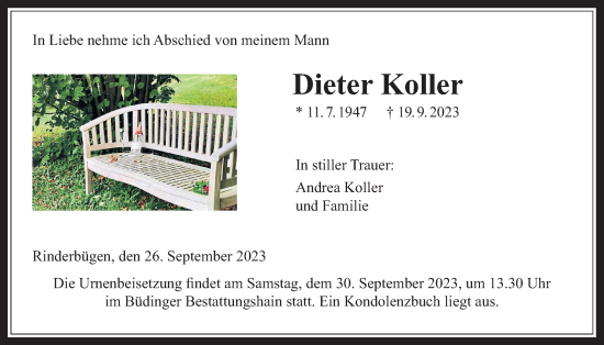 Traueranzeige von Dieter Koller von Kreis-Anzeiger