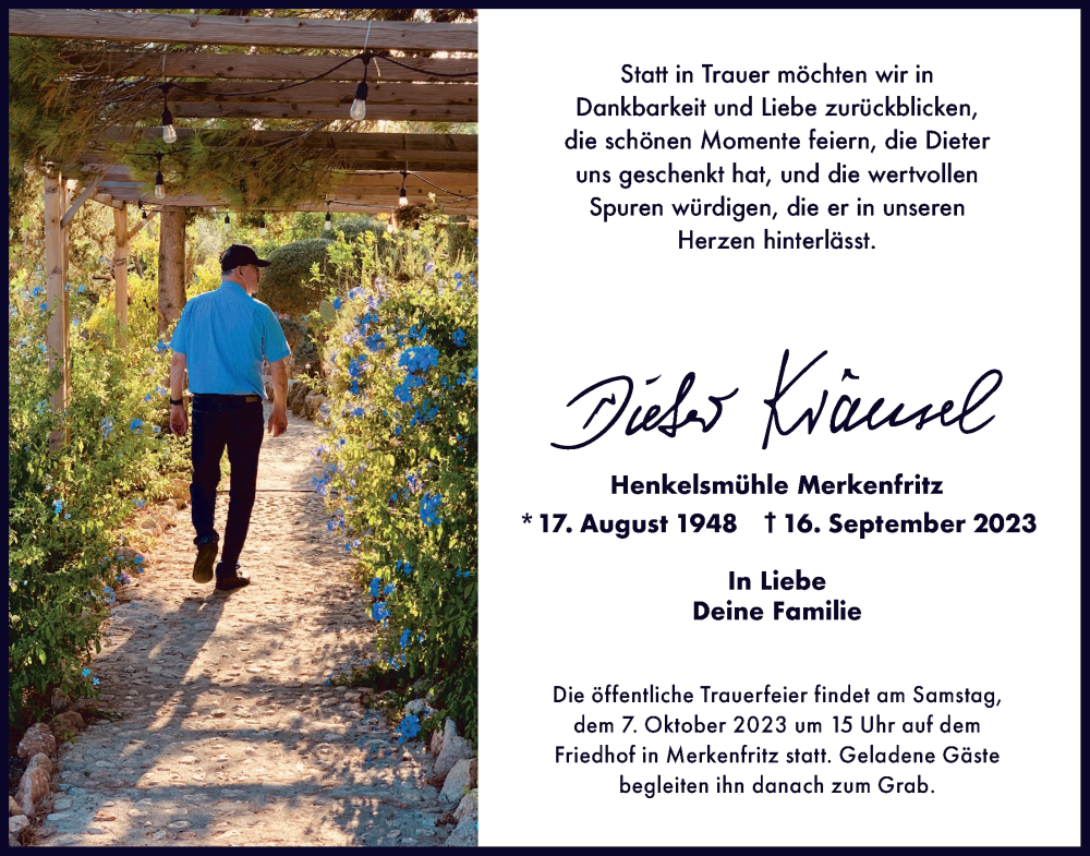  Traueranzeige für Dieter Kränsel vom 30.09.2023 aus Kreis-Anzeiger