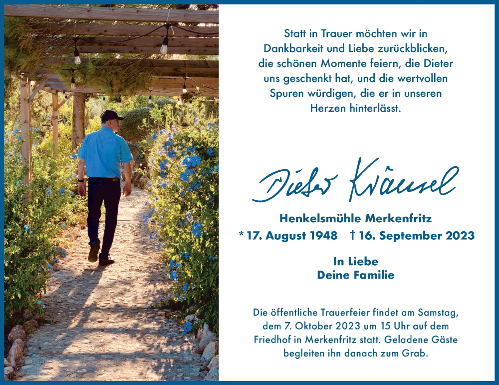  Traueranzeige für Dieter Kränsel vom 30.09.2023 aus Kreis-Anzeiger