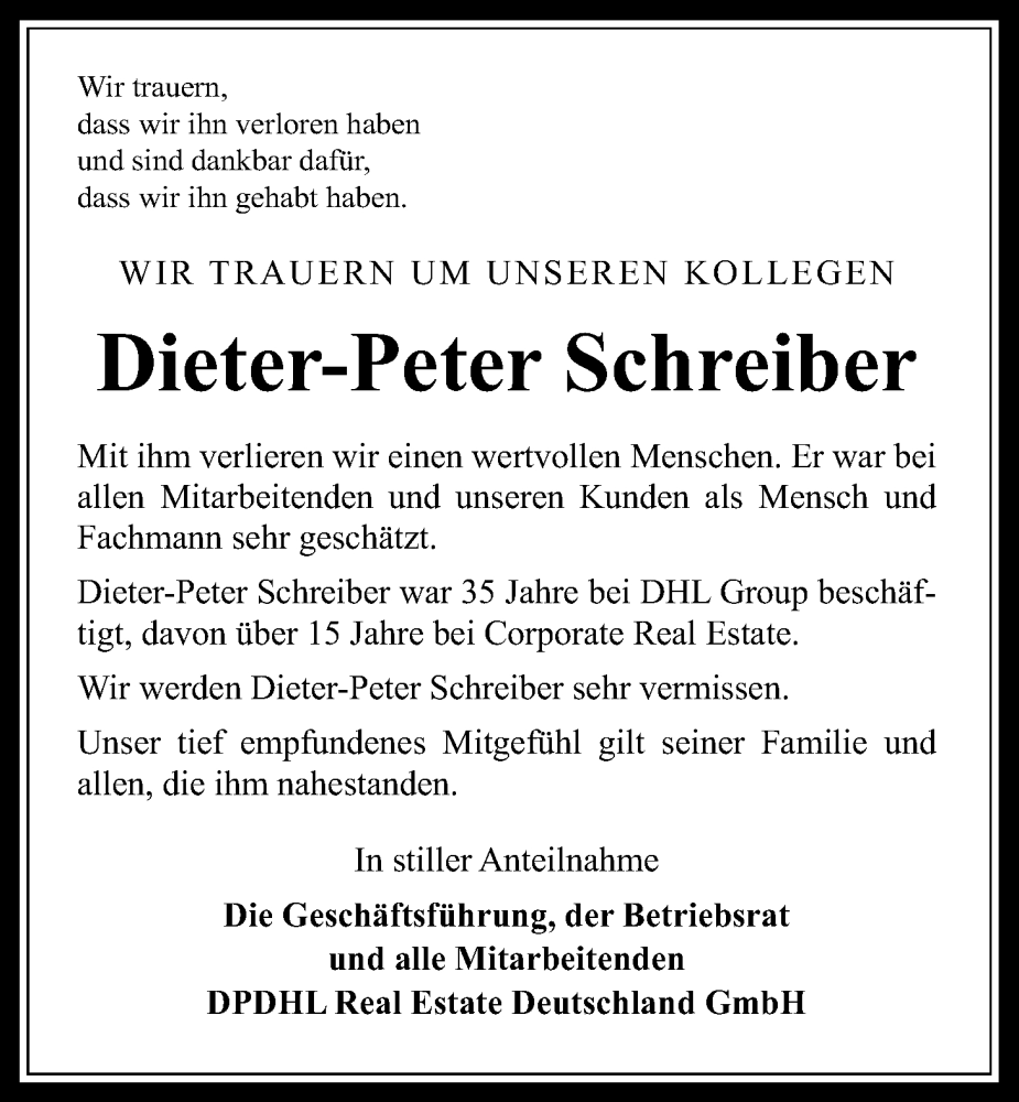  Traueranzeige für Dieter-Peter Schreiber vom 16.09.2023 aus Wetterauer Zeitung