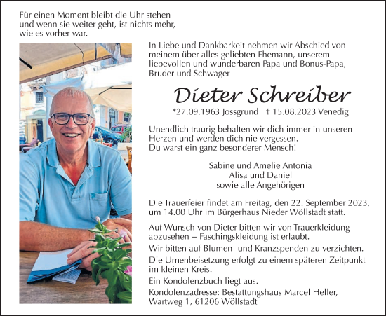 Traueranzeige von Dieter Schreiber von Wetterauer Zeitung