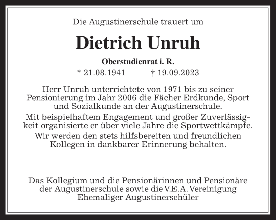 Traueranzeige von Dietrich Unruh von Wetterauer Zeitung