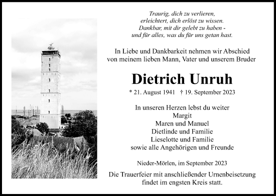 Traueranzeige von Dietrich Unruh von Wetterauer Zeitung