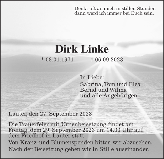 Traueranzeige von Dirk Linke von Laubacher Anzeiger
