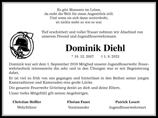 Traueranzeige von Dominik Diehl von Giessener Allgemeine, Alsfelder Allgemeine, Heimatzeitung Grünberg + Laubach