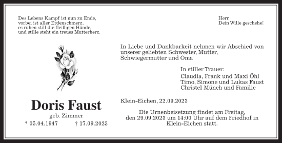 Traueranzeige von Doris Faust von Giessener Allgemeine, Alsfelder Allgemeine