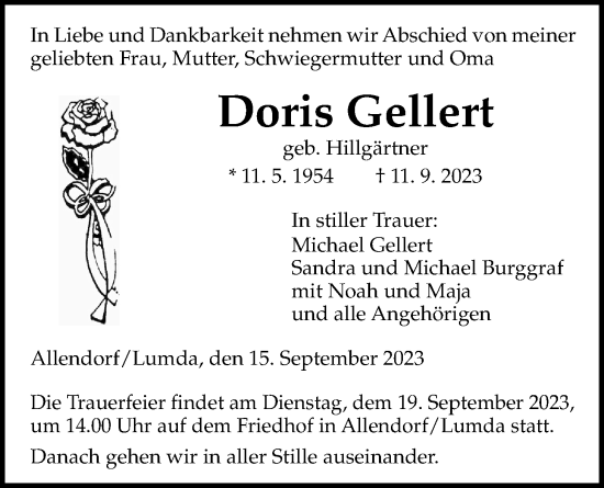 Traueranzeige von Doris Gellert von Giessener Allgemeine, Alsfelder Allgemeine