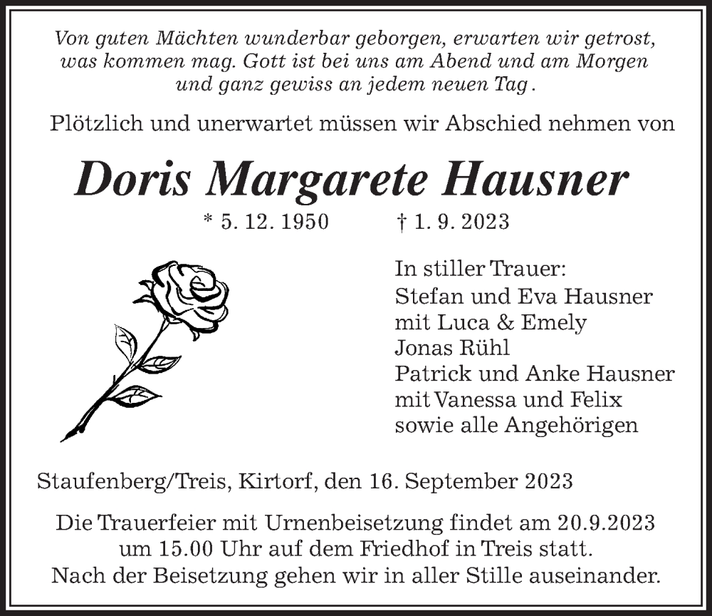  Traueranzeige für Doris Margarete Hausner vom 16.09.2023 aus Giessener Allgemeine, Alsfelder Allgemeine