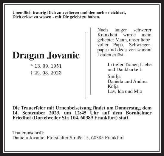 Traueranzeige von Dragan Jovanic von Wetterauer Zeitung, Giessener Allgemeine, Alsfelder Allgemeine
