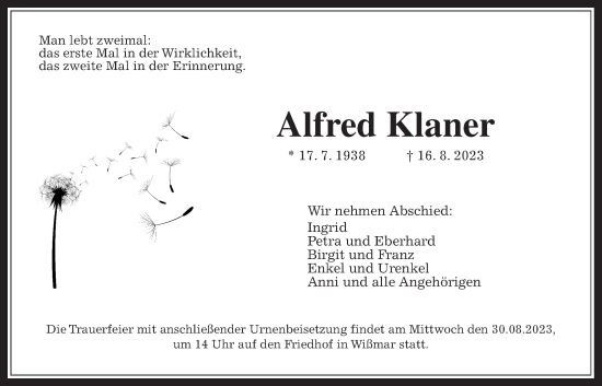 Traueranzeige von Alfred Klaner  