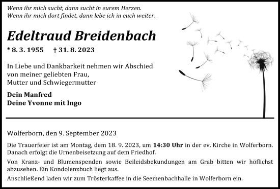 Traueranzeige von Edeltraud Breidenbach von Kreis-Anzeiger