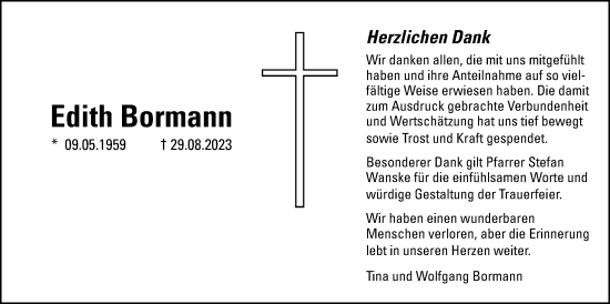 Traueranzeige von Edith Bormann von Giessener Allgemeine, Alsfelder Allgemeine, Giessener Anzeiger