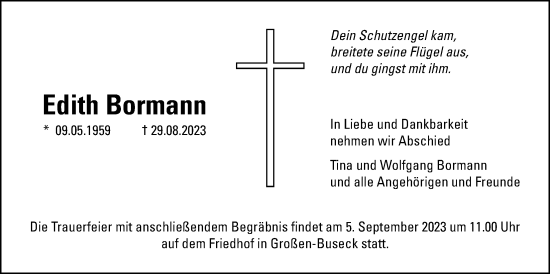Traueranzeige von Edith Bormann von Giessener Anzeiger, Giessener Allgemeine, Alsfelder Allgemeine