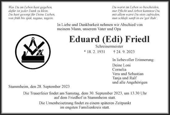 Traueranzeige von Eduard Friedl von Wetterauer Zeitung