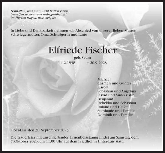 Traueranzeige von Elfriede Fischer von Kreis-Anzeiger