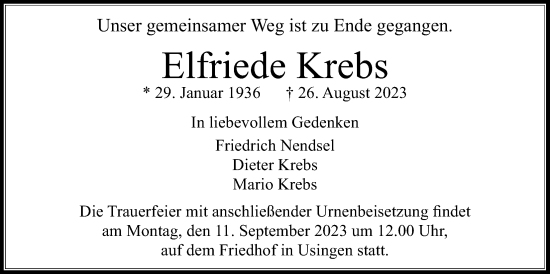 Traueranzeige von Elfriede Krebs von Usinger Anzeiger