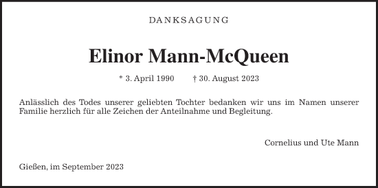 Traueranzeige von Elinor Mann-McQueen von Giessener Allgemeine, Alsfelder Allgemeine, Giessener Anzeiger
