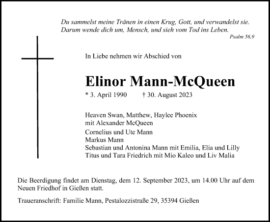 Traueranzeige von Elinor Mann-McQueen von Giessener Anzeiger, Giessener Allgemeine, Alsfelder Allgemeine
