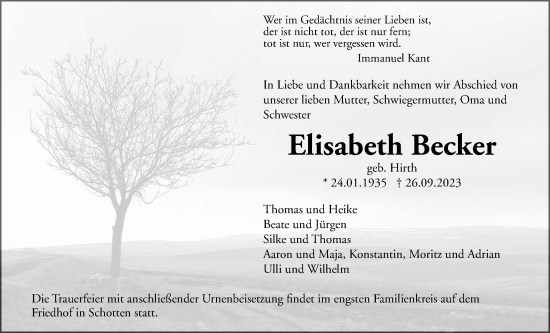 Traueranzeige von Elisabeth Becker von Kreis-Anzeiger