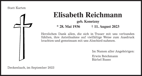 Traueranzeige von Elisabeth Reichmann von Alsfelder Allgemeine