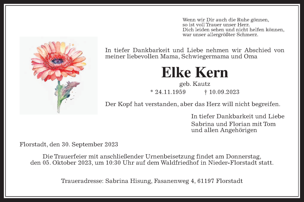  Traueranzeige für Elke Kern vom 30.09.2023 aus Wetterauer Zeitung