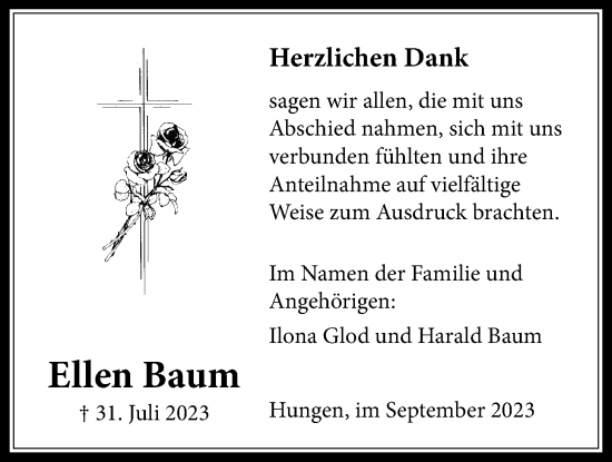 Traueranzeige von Ellen Baum von Licher Wochenblatt