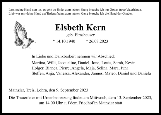 Traueranzeige von Elsbeth Kern von Giessener Allgemeine, Alsfelder Allgemeine