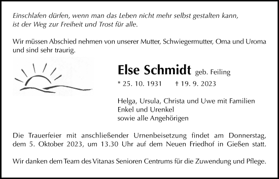 Traueranzeige von Else Schmidt von Giessener Allgemeine, Alsfelder Allgemeine