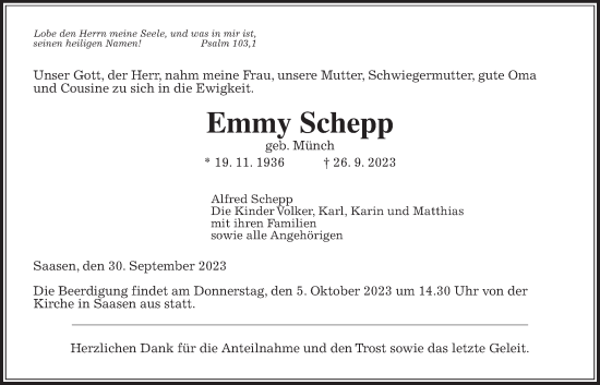 Traueranzeige von Emmy Schepp von Giessener Allgemeine, Alsfelder Allgemeine