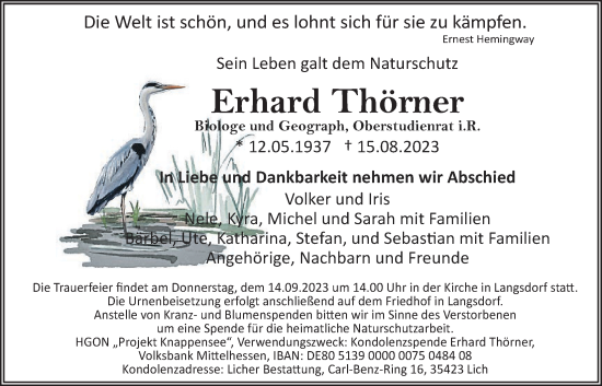 Traueranzeige von Erhard Thörner von Giessener Anzeiger, Giessener Allgemeine, Alsfelder Allgemeine
